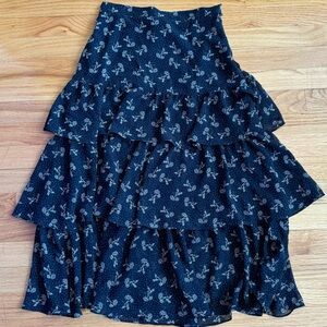 The Kooples Navy and White Floral Midi Tiered Skirt